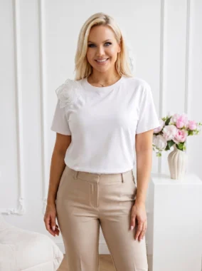 Tricou din bumbac cu aplicatie floare 3D si detalii stralucitoare