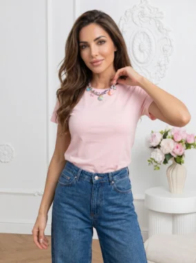 Tricou din bumbac cu colier statement cu scoici
