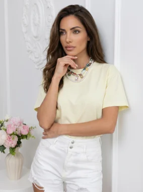 Tricou din bumbac cu colier statement dublu cu perle