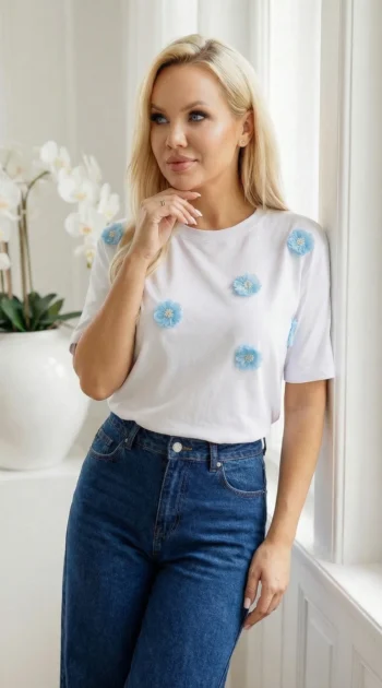 tricou-din-bumbac-cu-flori-3d-bleu