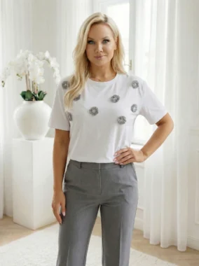 Tricou din bumbac cu flori 3D gri