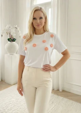 Tricou din bumbac cu flori 3D piersica