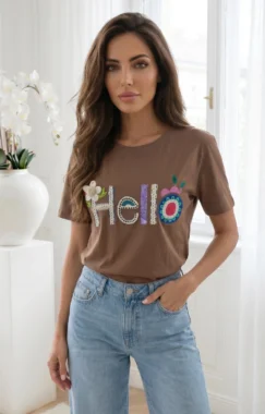 Tricou maro din bumbac cu imprimeu in relief "Hello"