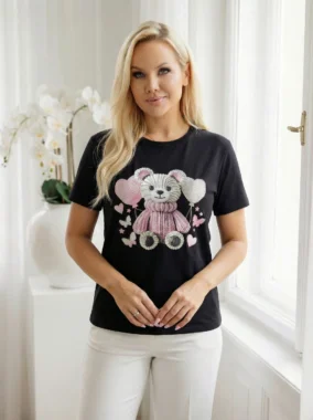 Tricou negru din bumbac cu ursulet si inimioare