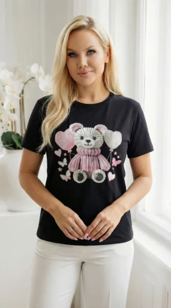 tricou-negru-din-bumbac-cu-ursulet-si-inimioare