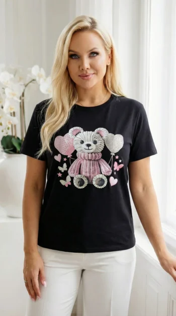 tricou-negru-din-bumbac-cu-ursulet-si-inimioare