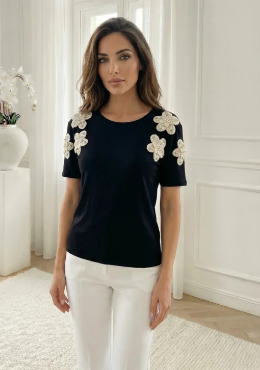 tricou-negru-elegant-din-bumbac-elastic-cu-flori-3d