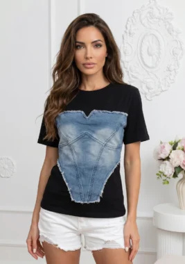 Tricou negru cu insertie din denim tip corset