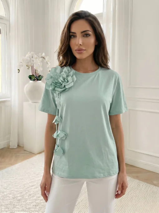 tricou-verde-din-bumbac-cu-aplicatie-floare-3d-si-petale