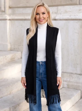 Vesta lunga eleganta din tricot fin cu buzunare si franjuri la tiv